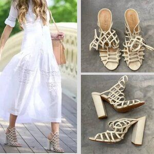 SCHUTZ Jaden Pearl Off White Caged Leather Block Heel Sandals